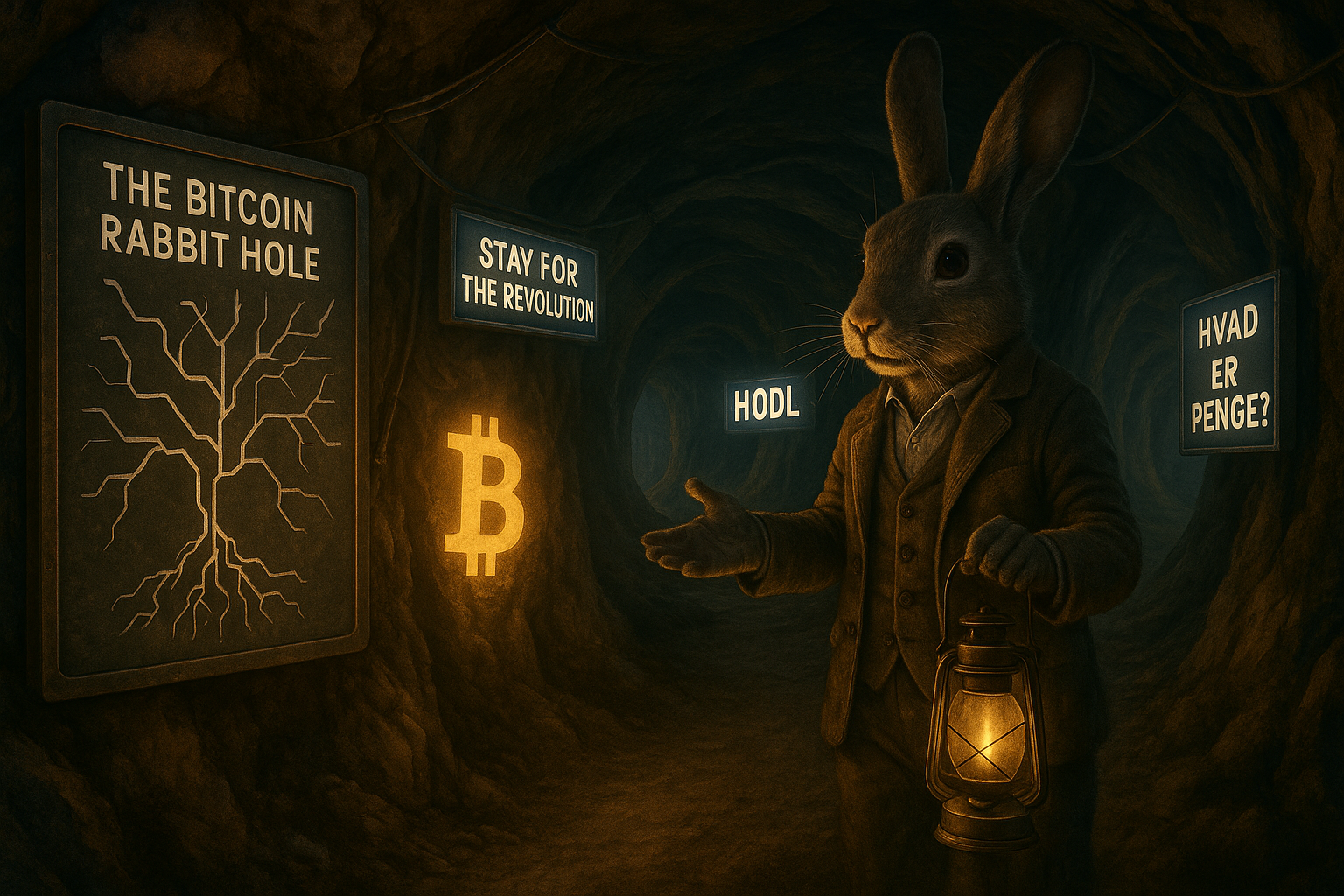 The Bitcoin Rabbit Hole illustration med kanin og Bitcoin symboler